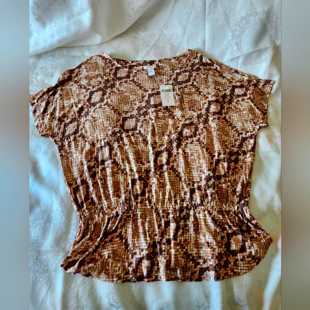 Chico's "Diagonal Python Peplum SS Gypsy Queen" Top Sz 1 NEW